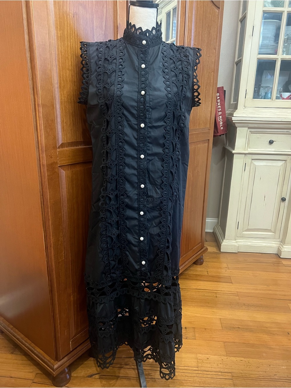 Black Lace-Trim Midi Shirt Dress with Waist Tie - Picture 2 of 14